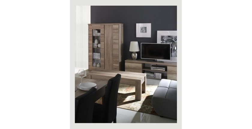 Ensemble ROMI pour salon coloris chêne dab canyon. Vitrine, meuble tv, table basse.