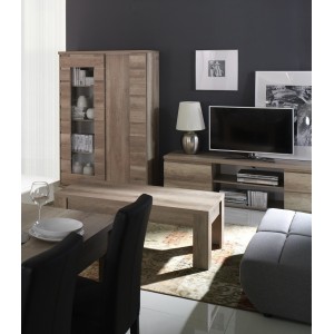 Ensemble ROMI pour salon coloris chêne dab canyon. Vitrine, meuble tv, table basse.