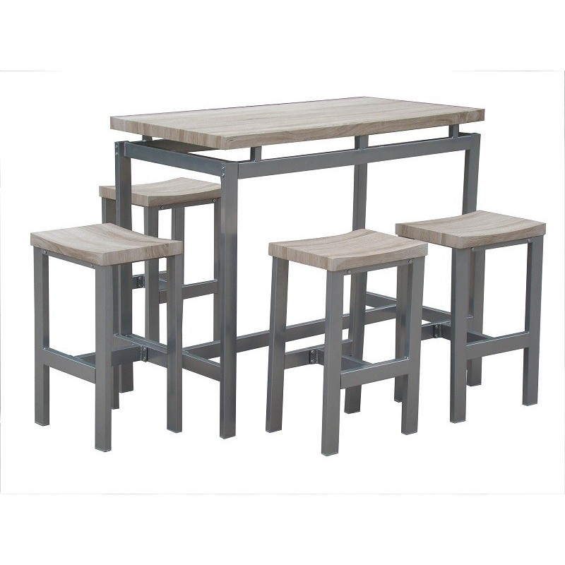 Ensemble design table haute, bar + 4 tabourets LE MANS. Set moderne type industriel, bois et métal.