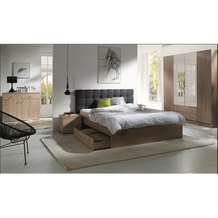 Ensemble pour chambre à coucher MAXIM. Lit adulte deux places 160x200 cm + tiroir + sommier + deux chevets + commode