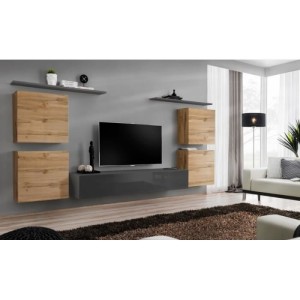 Ensemble meuble salon SWITCH IV design, coloris gris brillant et chêne Wotan.