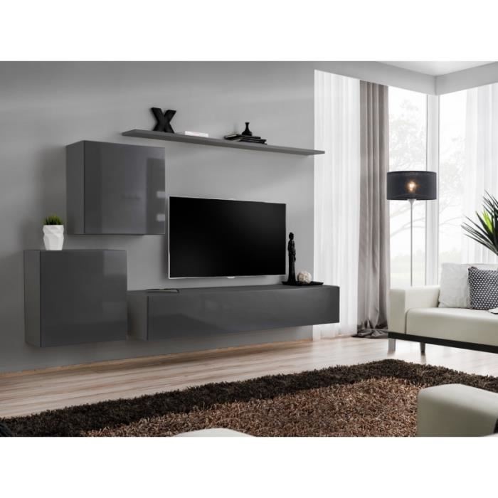 Ensemble meuble salon mural SWITCH V design, coloris gris brillant.