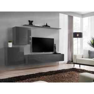 Ensemble meuble salon mural SWITCH V design, coloris gris brillant.