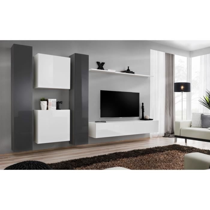 Ensemble meuble salon mural SWITCH VI design, coloris blanc et gris brillant.