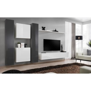 Ensemble meuble salon mural SWITCH VI design, coloris blanc et gris brillant.