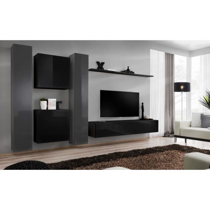 Ensemble meuble salon mural SWITCH VI design, coloris noir et gris brillant.