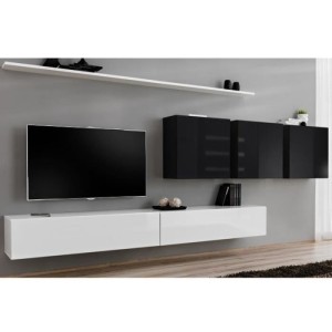 Ensemble meuble salon SWITCH VII design, coloris blanc et noir brillant.