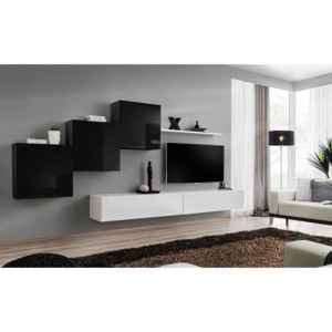 Ensemble meuble salon mural SWITCH X design, coloris blanc et noir brillant.