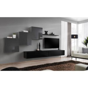 Ensemble meuble salon mural SWITCH X design, coloris noir et gris brillant.