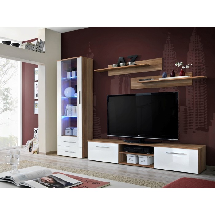 Meuble TV GALINO design, coloris prunier et blanc brillant. Meuble moderne et tendance pour votre salon.