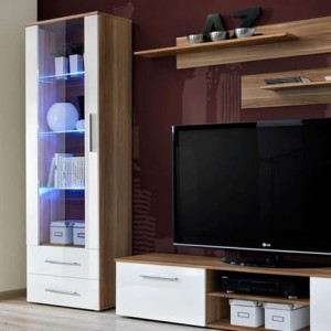 Meuble TV GALINO design, coloris prunier et blanc brillant. Meuble moderne et tendance pour votre salon.