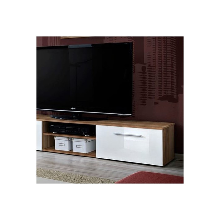 Meuble TV GALINO design, coloris prunier et blanc brillant. Meuble moderne et tendance pour votre salon.