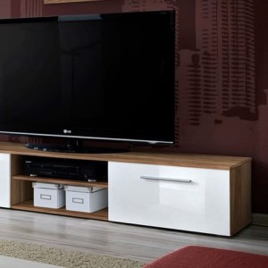Meuble TV GALINO design, coloris prunier et blanc brillant. Meuble moderne et tendance pour votre salon.