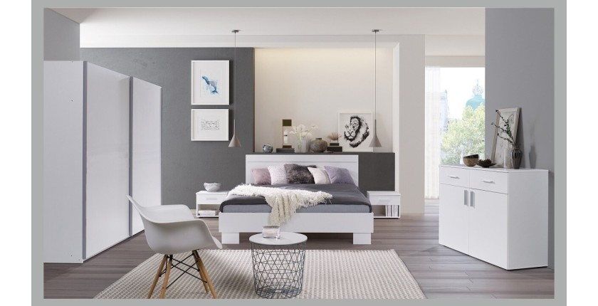 Chambre à coucher complète COMO. Lit 160X200 avec sommier, garde robe, chevets, commode.