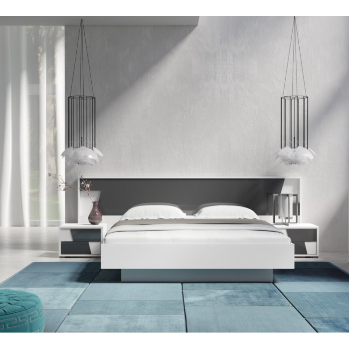 Lit 160X200 avec coffre de la collection FULMO. coloris blanc et finitions gris béton.