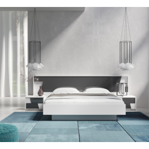 Lit 160X200 avec coffre de la collection FULMO. coloris blanc et finitions gris béton.