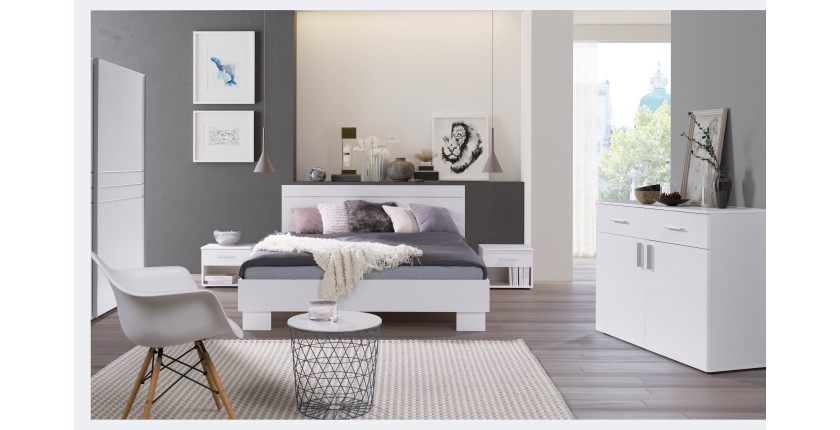 Ensemble design pour chambre à coucher COMO. Lit 160X200 cm avec sommier + tables de chevet + commode.