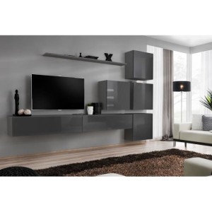 Meuble TV mural SWITCH IX design, coloris gris brillant.