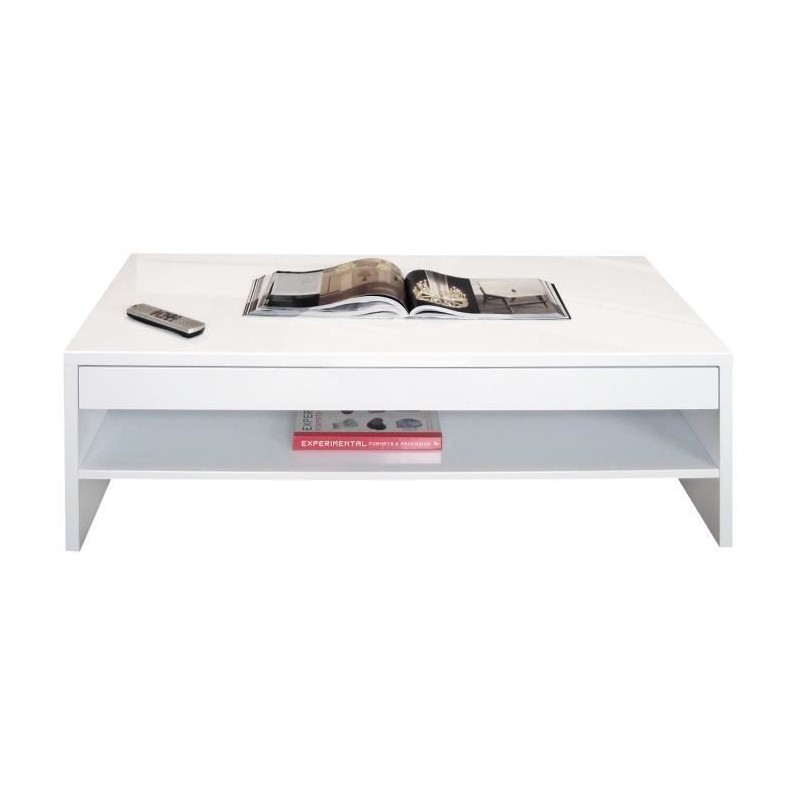 Table basse TRIGO avec tiroir coloris Blanc brillant - longeur 118 cm