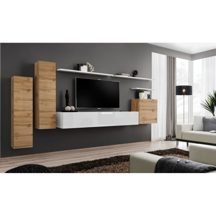 Ensemble de meubles de salon collection SWITCH I design, coloris chêne et blanc brillant.