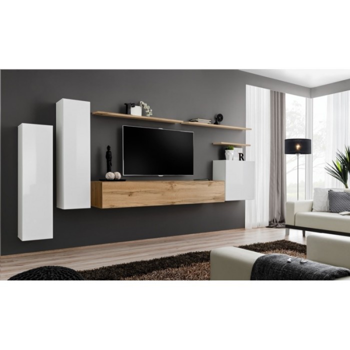 Ensemble de meubles de salon collection SWITCH I design, coloris blanc brillant et chêne Wotan.