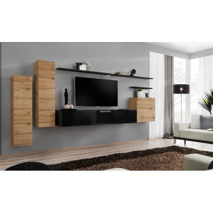 Ensemble meuble salon SWITCH I design, coloris chêne Wotan et noir brillant.