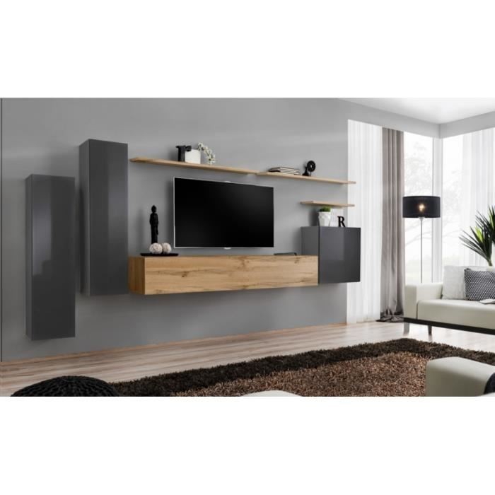Ensemble meuble salon SWITCH I design, coloris gris brillant et chêne Wotan.