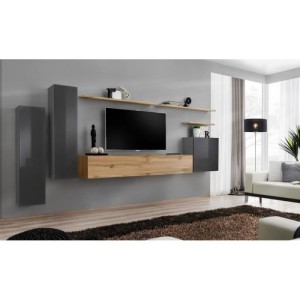 Ensemble meuble salon SWITCH I design, coloris gris brillant et chêne Wotan.