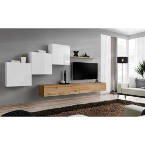 Ensemble meuble salon mural SWITCH X design, coloris chêne Wotan et blanc brillant.