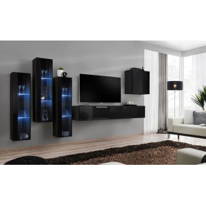 Ensemble meuble salon mural SWITCH XIII design, coloris noir brillant.