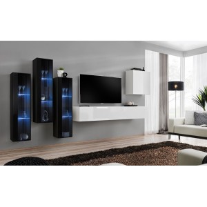 Ensemble meuble salon mural SWITCH XIII design, coloris blanc brillant et noir.
