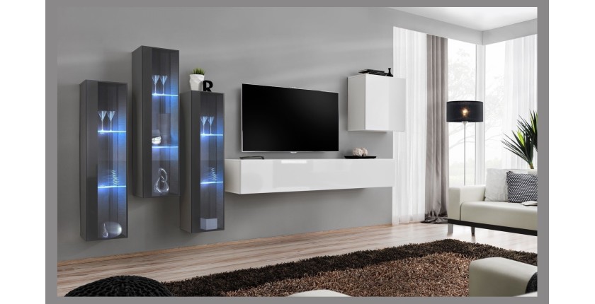 Ensemble meuble salon mural SWITCH XIII design, coloris blanc brillant et gris.