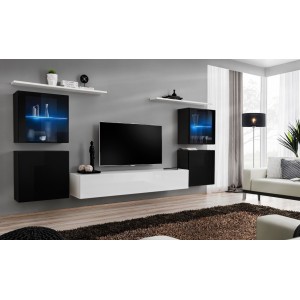 Ensemble meuble salon mural SWITCH XIV design, coloris blanc et noir brillant.