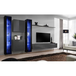 Ensemble meuble salon mural SWITCH XVI design, coloris gris et noir brillant.