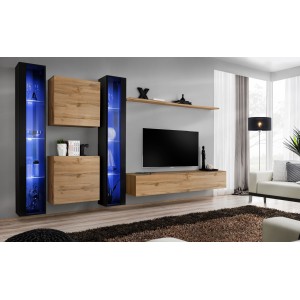 Ensemble meuble salon mural SWITCH XVI design, coloris chêne Wotan et noir brillant.