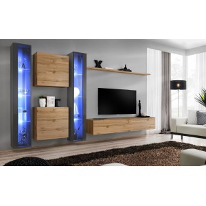 Ensemble meuble salon mural SWITCH XVI design, coloris chêne Wotan et gris brillant.