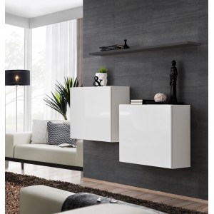 Ensemble meubles de salon SWITCH SBI design, coloris blanc brillant et étagère grise.