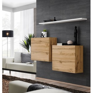 Ensemble meubles de salon SWITCH SBI design, coloris chêne Wotan et étagère blanche.