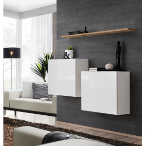 Ensemble meubles de salon SWITCH SBI design, coloris blanc brillant et étagère chêne Wotan.