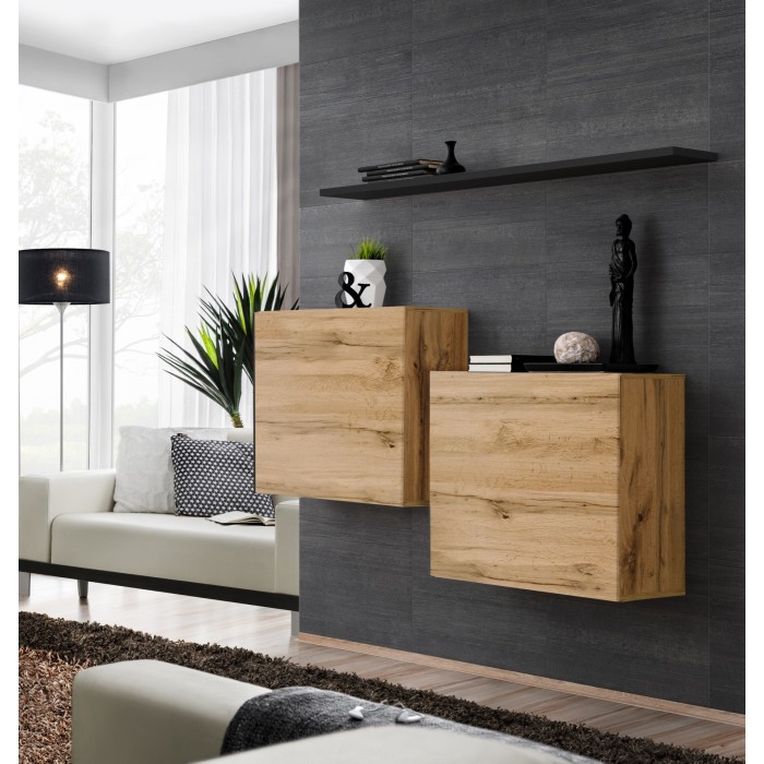Ensemble meubles de salon SWITCH SBI design, coloris chêne Wotan et étagère noire.