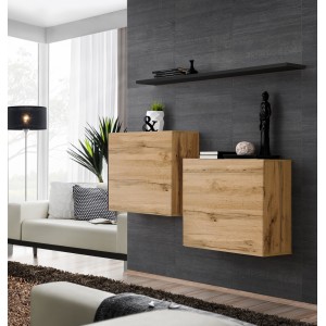 Ensemble meubles de salon SWITCH SBI design, coloris chêne Wotan et étagère noire.