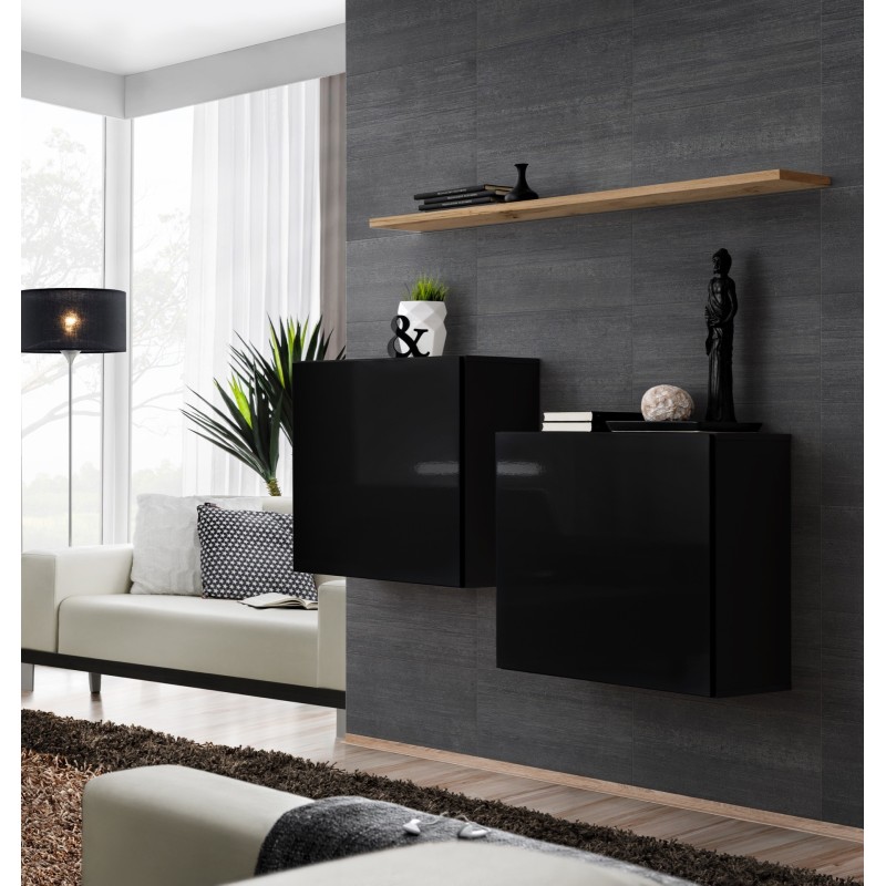 Ensemble meubles de salon SWITCH SBI design, coloris noir brillant et étagère chêne Wotan.