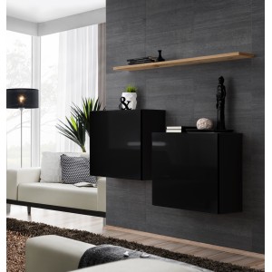 Ensemble meubles de salon SWITCH SBI design, coloris noir brillant et étagère chêne Wotan.