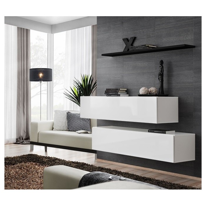 Ensemble meubles de salon SWITCH SBII design, coloris blanc brillant et étagère noire.