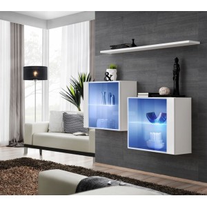 Ensemble meubles de salon SWITCH SBIII design, coloris blanc brillant et porte vitrée avec système LED intégré.