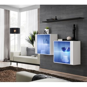 Ensemble meubles de salon SWITCH SBIII design, coloris blanc brillant et porte vitrée avec système LED intégré, étagère noire.