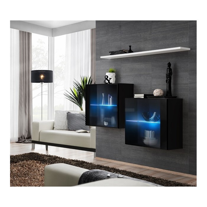 Ensemble meubles de salon SWITCH SBIII design, coloris noir brillant et porte vitrée avec système LED intégré, étagère blanche.