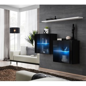 Ensemble meubles de salon SWITCH SBIII design, coloris noir brillant et porte vitrée avec système LED intégré, étagère blanche.