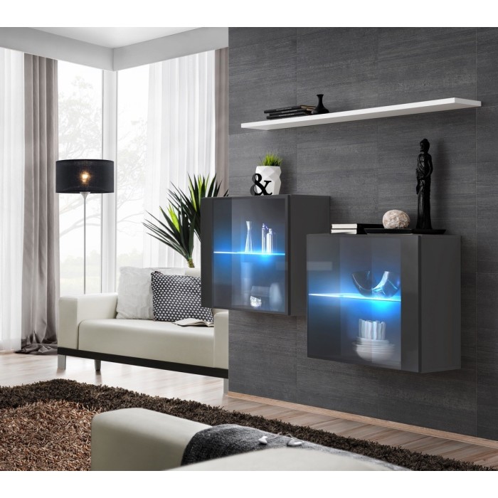 Ensemble meubles de salon SWITCH SBIII design, coloris gris brillant et porte vitrée avec système LED intégré, étagère blanche.