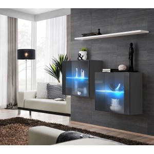 Ensemble meubles de salon SWITCH SBIII design, coloris gris brillant et porte vitrée avec système LED intégré, étagère blanche.